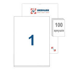 Етикетка самоклеюча UKRMARK A4-01-W1, А4, 1 на листі, 210мм х 297мм, 100 аркушів (900627)